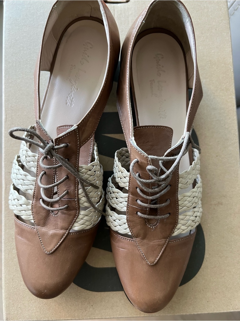 Woven Lace-Up Flats in Brown and Cream